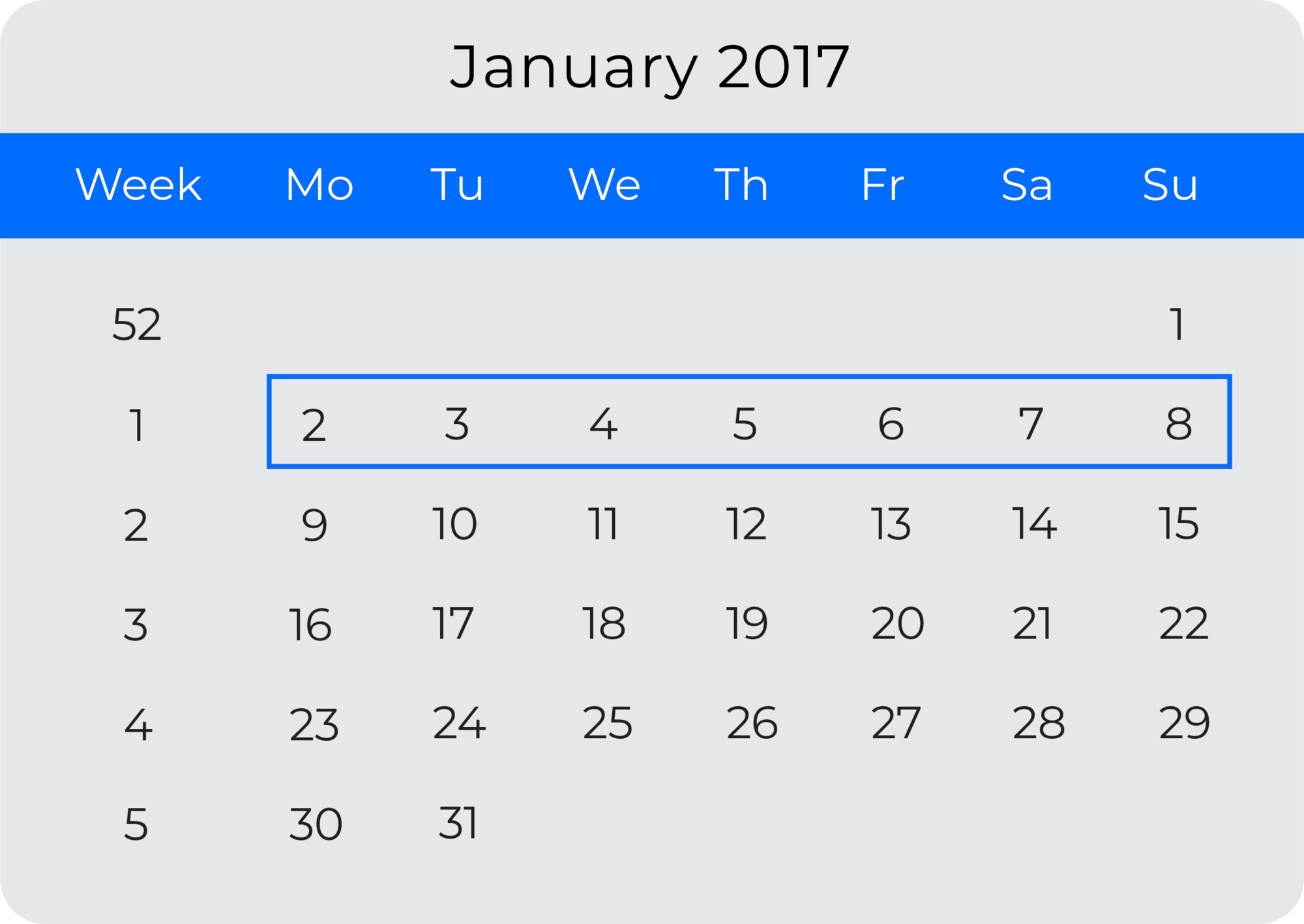 Tre calendari che rappresentano diverse DATEFIRST