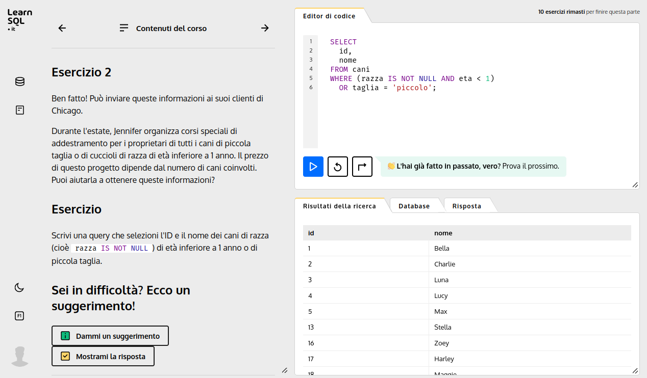 Screenshot dello schermo di esercitazione di LearnSQL.it