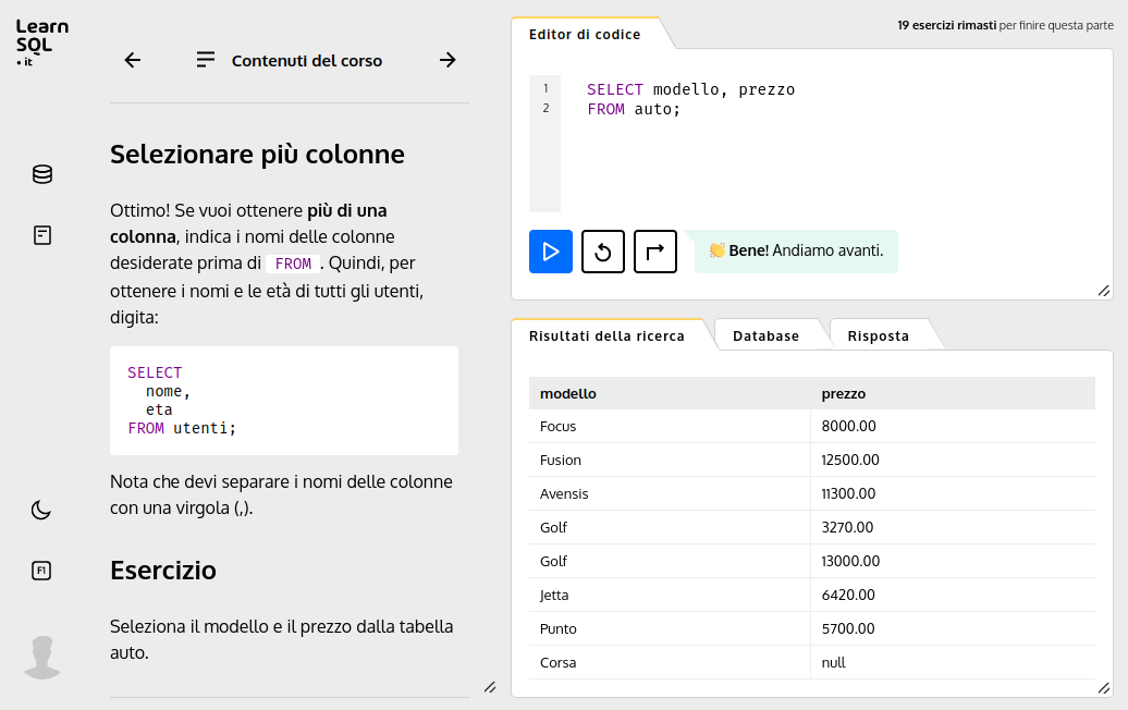 Screenshot della schermata degli esercizi su LearnSQL.it